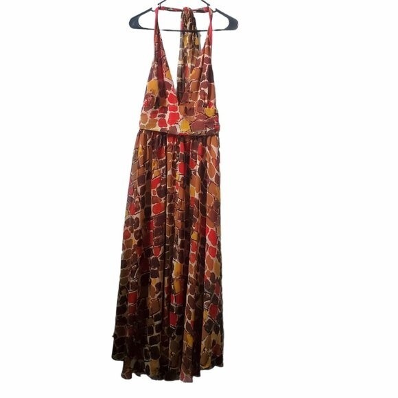 Boston Proper Multicolor Brown Red Yellow Halter V Neck Maxi Dress sz 8 - Picture 1 of 9